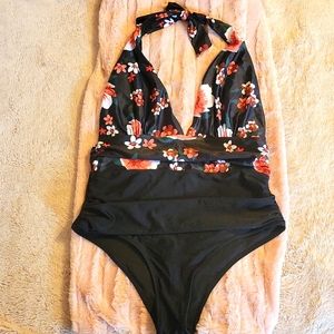 Plunge halter floral one piece swimsuit NWOT